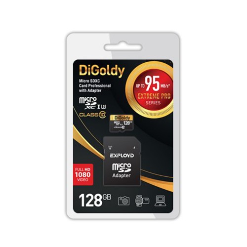 Карта памяти microSDXC 128Gb DiGoldy, Class10, UHS-1 Extreme Pro (U3) SD 95 MB/s, с адаптером