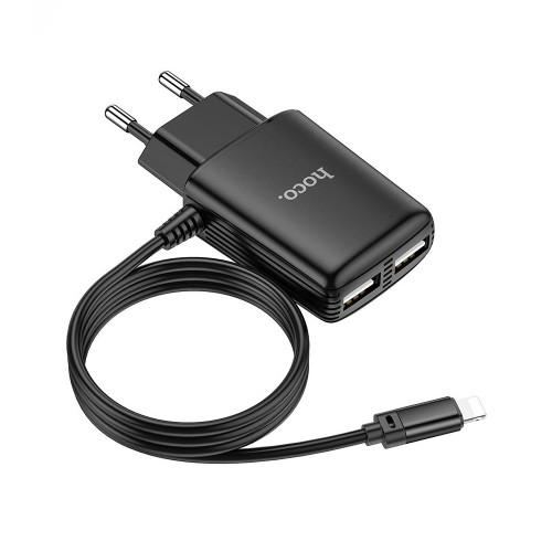 Устройство зарядное сетевое 8 pin, 2 USB HOCO, C82A, Real power, 2400mAh, цвет: чёрный