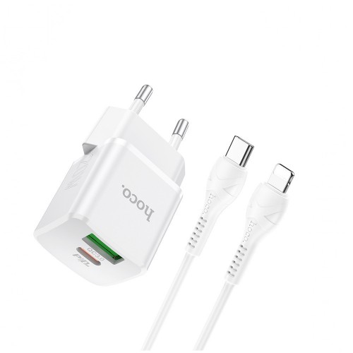 Блок питания сетевой 1 USB, Type-C HOCO, N20, Prestige, 3000mA, пластик, QC3.0, PD20W, кабель Type-C, 8-pin, 1.0м, цвет: белый