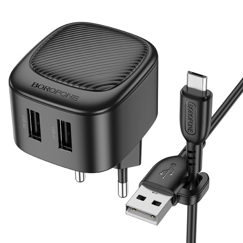 Блок питания сетевой 2 USB Borofone BAS21A, 5V, 2.1A, кабель USB - микро USB, 1.0м, цвет: чёрный