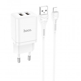 Блок питания сетевой 2 USB HOCO N25, Maker, 2100mA, кабель  8 pin, цвет: белый