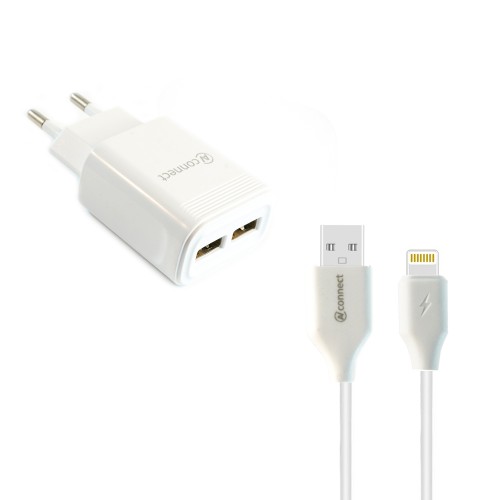 Блок питания сетевой 2 USB AVconnect W009, кабель 8 pin, цвет: белый