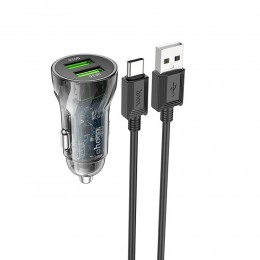 Блок питания автомобильный 2 USB HOCO Z47, Transparent discovery edition, 18Вт, QC3.0, кабель Type-C, цвет: чёрный