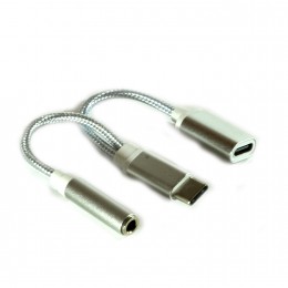 Переходник Type-C(m) - Jack 3,5mm(f), Type C(f) без бренда GL067, круглый, плетёный , цвет: серебряный
