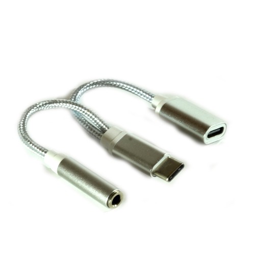 Переходник Type-C(m) на Jack 3,5mm(f), серебряный, плетёный
