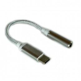 Переходник Type-C(m) - Jack 3,5mm(f) без бренда GL067, круглый, плетёный , цвет: серебряный
