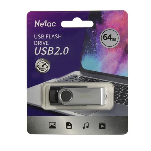 Флеш-накопитель 64Gb Netac U505, USB 2.0, металл, пластик, чёрный, серебряный