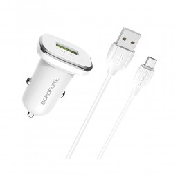 Блок питания автомобильный 1 USB Borofone BZ12A, Lasting, 3000mA, QC3.0, FCP, AFC, кабель микро USB, цвет: белый
