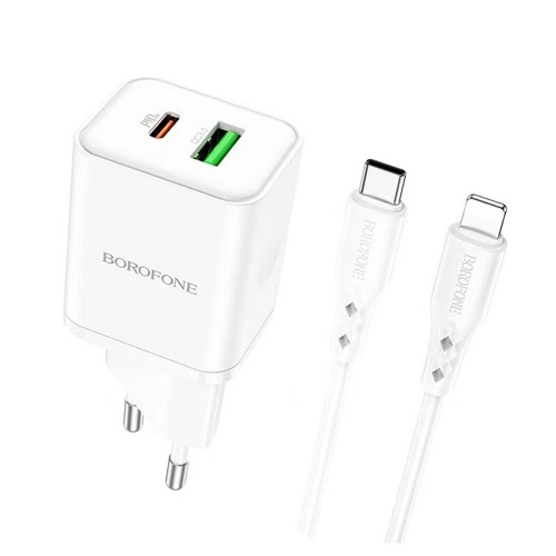 Блок питания сетевой 1 USB, Type-C Borofone BN7, Xunfei, 3000mA, 20Вт, QC3.0, PD3.0, кабель Type-C-8-pin, цвет: белый