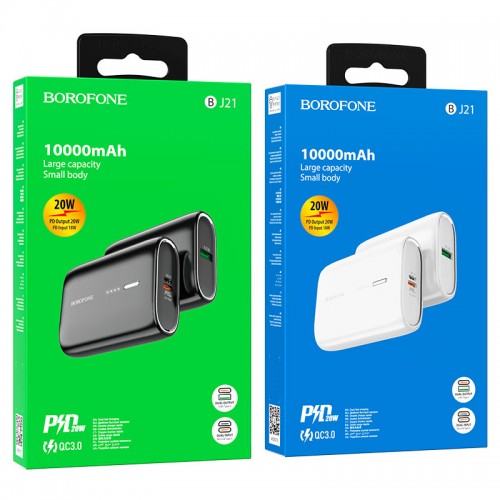 Аккумулятор внешний Borofone BJ21, 10000mAh, пластик, PD20W, выход USB, Type-C, индикатор, 3.0A, цвет: белый