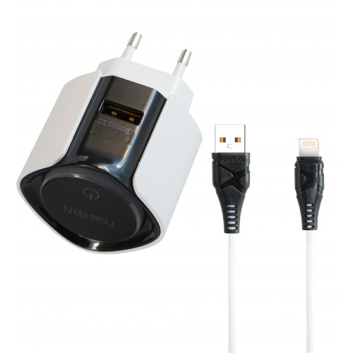 Блок питания сетевой 1 USB FaisON C-77, Night, 2.4A, кабель 8 pin, цвет: чёрный, белый