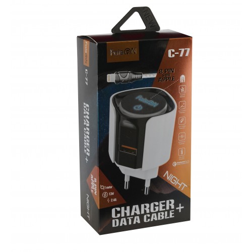 Блок питания сетевой 1 USB FaisON C-77, Night, 2.4A, кабель 8 pin, цвет: чёрный, белый