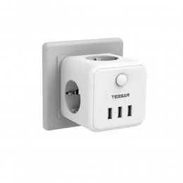 Сетевой фильтр TESSAN TS-301-DE, 2.4A, 3 розетки, с заземлением, кнопка питания, 3 USB выхода, цвет: белый
