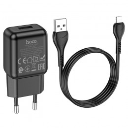 Блок питания сетевой 1 USB HOCO C96A, 2100mA, кабель USB - 8-pin, 1.0м, цвет: чёрный