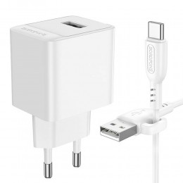 Блок питания сетевой 1 USB Borofone BAS11A, Erudite, 5V/2.1A, кабель USB - Type-C, 1.0м, цвет: белый