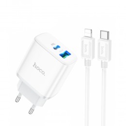 Блок питания сетевой 1 USB, Type-C HOCO C105A, Stage, 20Вт, QC3.0, PD3.0, кабель 8 pin-Type-C, цвет: белый