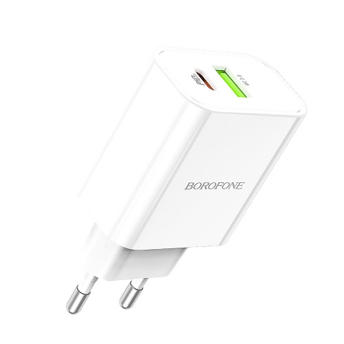 Блок питания сетевой 1 USB, Type-C Borofone BA55A, Crown, 20Вт, QC3.0, PD, цвет: белый