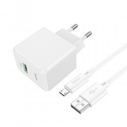 Блок питания сетевой 1 USB HOCO CS12A, Ocean, 18Вт, QC, FCP, AFC, кабель микро USB, цвет: белый