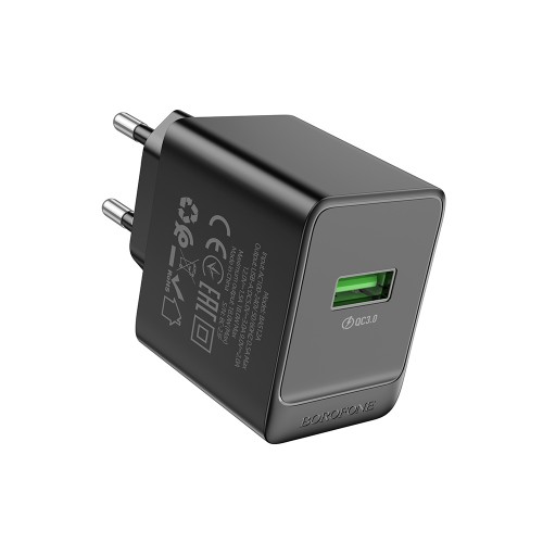 Блок питания сетевой 1 USB Borofone BAS12A, Erudite, 18Вт, QC, FCP, AFC, цвет: чёрный