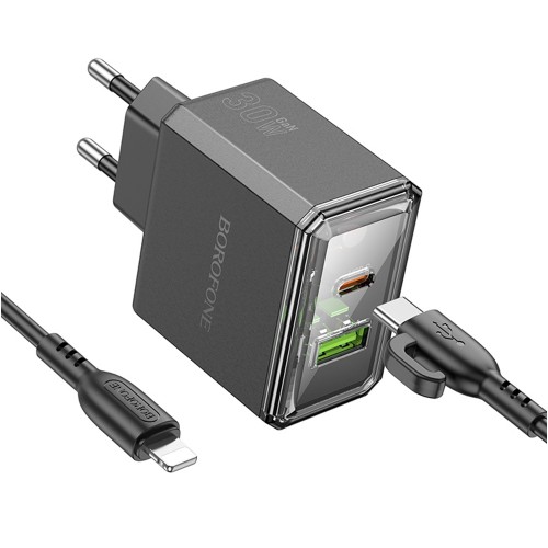 Блок питания сетевой USB, Type-C Borofone BAS32A, Treasure, 5V, 3.0A, 30Вт, PD, QC 3.0, кабель Type-C, 8-pin, 1.0м, цвет: черный