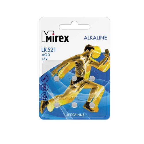 Батарейка Mirex AG0-LR521-6BL Alkaline, 1.5B, (6/216/648), (арт.23702-LR521-E6)