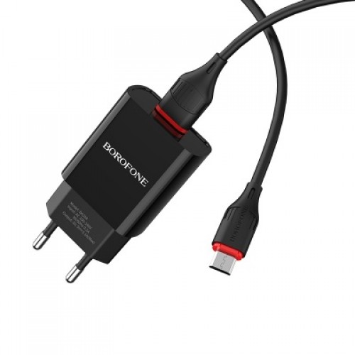 Блок питания сетевой 1 USB Borofone BA20A, Sharp, 2100mA, кабель микро USB, цвет: чёрный