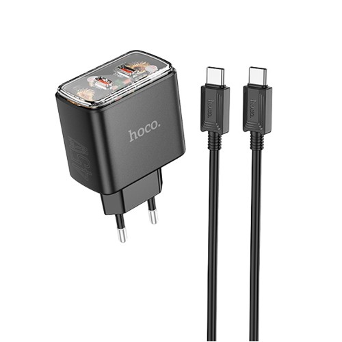 Блок питания сетевой 2 Type-C HOCO CS43A, Smart, 5V, 3.0A, PD 45Вт, кабель Type-C, Type-C, 1.0м, цвет: белый