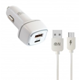 Блок питания автомобильный 1 USB, Type-C FaisON A-25, Border, 3000mA, QC3.0, PD3.0, кабель микро USB, цвет: белый