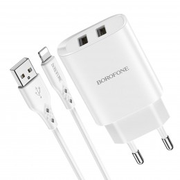 Блок питания сетевой 2 USB Borofone, BN2, 2100mA, пластик, кабель 8 pin, цвет: белый