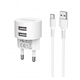 Блок питания сетевой 2 USB Borofone BA23A, Brilliant, 2400mA, кабель Type-C, цвет: белый