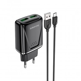 Блок питания сетевой 2 USB Borofone BA54A, Wide, кабель микро USB 1.0м, цвет: чёрный
