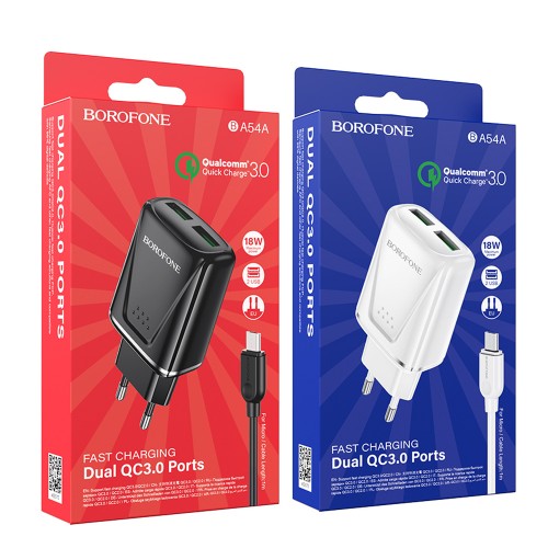 Блок питания Borofone BA54A 2 USB, 1м кабель, чёрный
