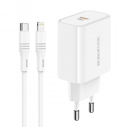 Блок питания сетевой 1 Type-C Borofone BA57A, Easy, 20Вт, QC3.0, PD3.0, кабель Type-C-8-pin, цвет: белый
