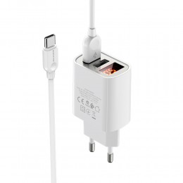 Блок питания сетевой 2 USB Borofone BA58A, Mighty, 2.4A, кабель Type-C, цвет: белый

