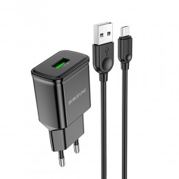 Блок питания сетевой 1 USB Borofone BA59A, Heavenly, 3000mA, 18Вт, QC3.0, кабель микро USB, цвет: чёрный
