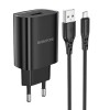 Блок питания Borofone BN1, 1 USB, 2100mA, чёрный с кабелем
