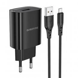 Блок питания сетевой 1 USB Borofone BN1, 2100mA, кабель микро USB, цвет: чёрный
