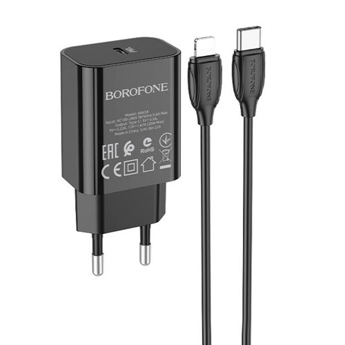 Блок питания сетевой 1 Type-C Borofone BA65A, 3000mA, 20Вт, PD/ QC/ FCP/ AFC, кабель 8 pin,Type-C, цвет: чёрный