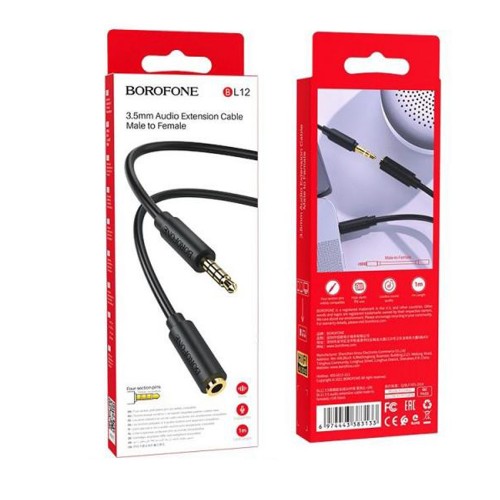 Кабель AUX Jack 3,5mm(f) - Jack 3,5mm(m) Borofone BL12, 1м, чёрный
