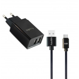 Блок питания сетевой 2 USB FaisON C-17, Square, 2400mA, кабель микро USB 1.0м, цвет: чёрный