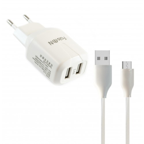 Блок питания сетевой 2 USB FaisON C-19, Grade, 2400mA, кабель микро USB 1.0м, цвет: белый