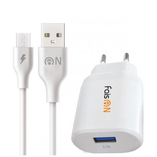 Блок питания сетевой 1 USB FaisON C-75, Mighty, 2100mA, кабель микро USB, цвет: белый