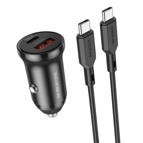 Блок питания автомобильный 1 USB, Type-C Borofone BZ18A, 20Вт, PD, QC, кабель Type-C-Type-C, цвет: чёрный