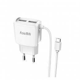 Устройство зарядное сетевое микро USB, 2 USB FaisON, C59A, Mega joy, 2100mAh, цвет: белый