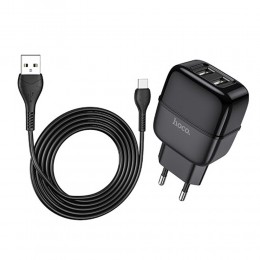 Блок питания сетевой 2 USB HOCO C77A, 3000mA, QC3.0, кабель микро USB, цвет: чёрный