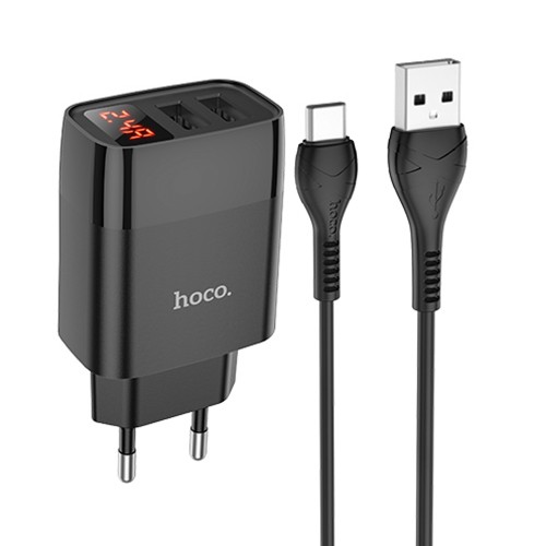 Блок питания сетевой 2 USB HOCO C86A, Illustrious, 5V, 2400mA, кабель Type-C, цвет: чёрный