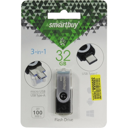 Флеш-накопитель 32Gb SmartBuy TRIO, USB 3.0, пластик, Type-C, микро USB