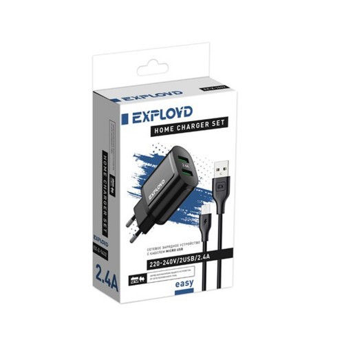 Блок питания сетевой 2 USB Exployd EX-Z-1432, EASY, 2.4A, кабель микро USB, цвет: чёрный