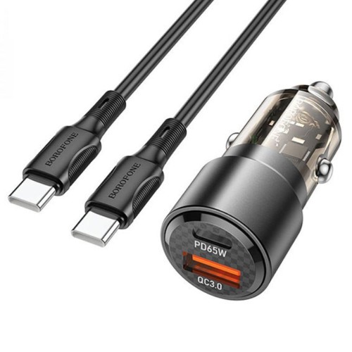 Блок питания автомобильный 1 USB, Type-C Borofone BZ20A, Smart, PD, QC, кабель Type-C-Type-C, цвет: чёрный