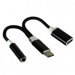 Переходник Type-C(m) - Jack 3,5mm(f), Type C(f) без бренда GL067, круглый, плетёный , цвет: чёрный
